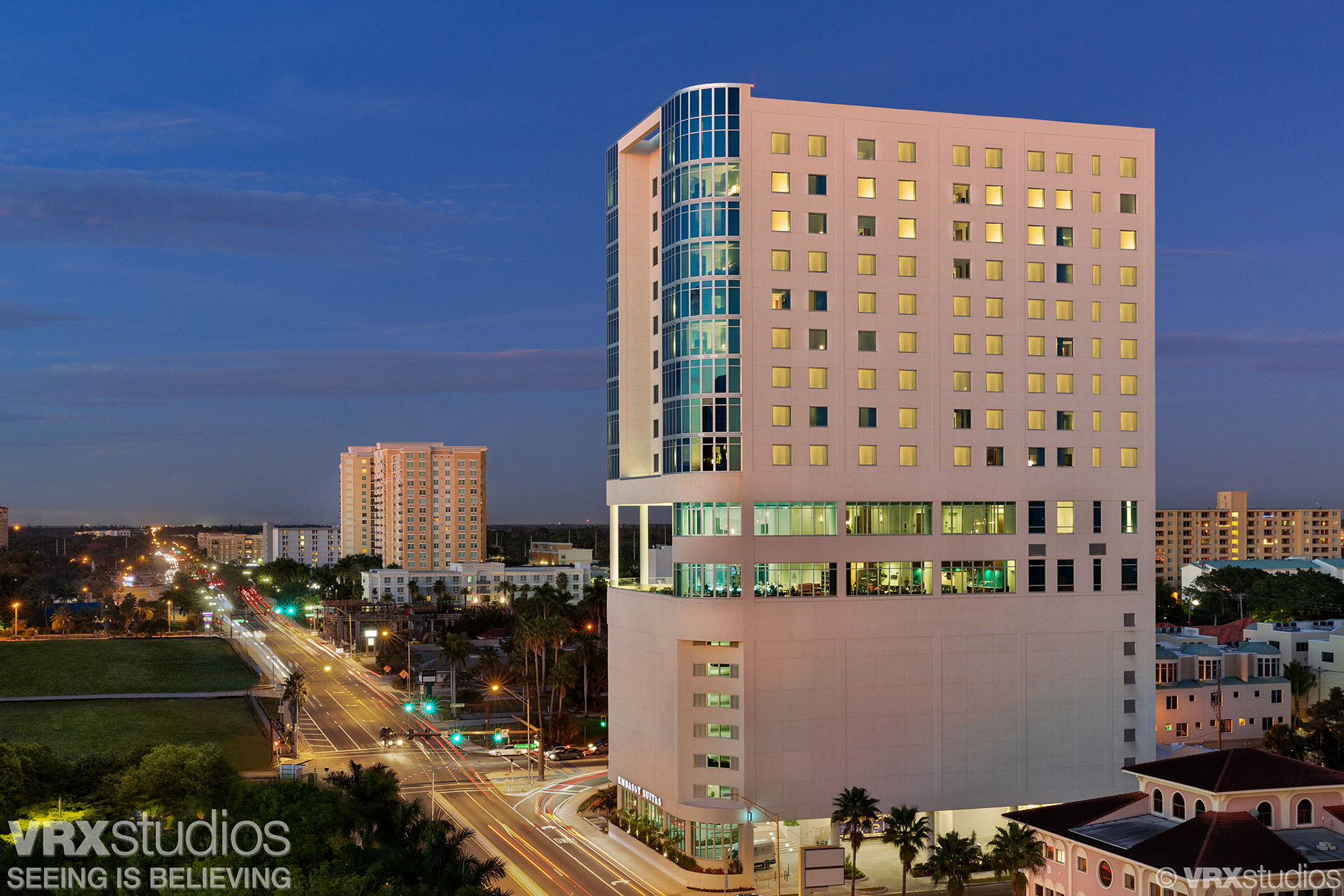 Austin Texas Architectural Photographer  - Elevated twilight view of the Embassy Suites by Hilton located in Sarasota, FL